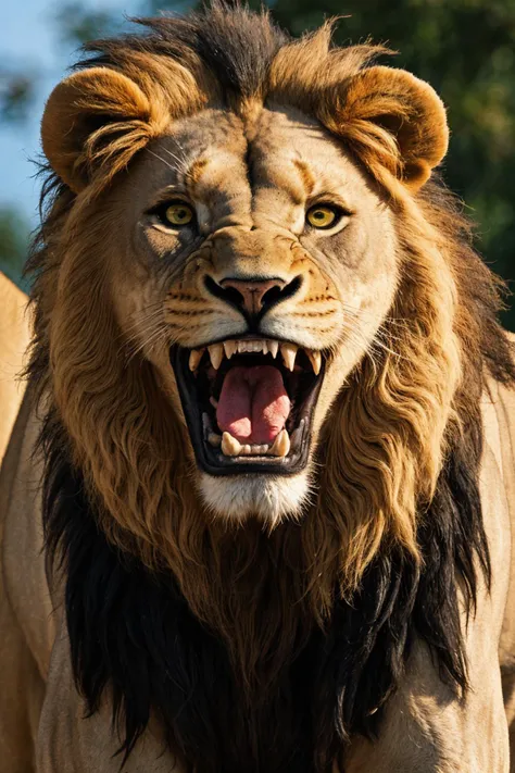 close-up photo portrait of a great lion, yellow eyes, very long lion's mane, roaring, open mouth, fangs, animal, no humans, simple background