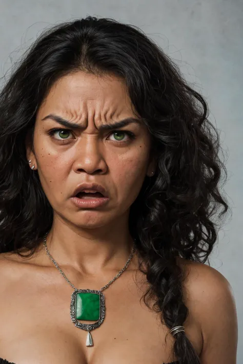 close-up photo portrait of a 40 yo samoan woman, black long curly hair, green eyes, angry face expression, necklace, simple background