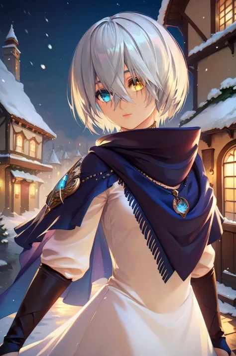 score_9, score_8_up, score_7_up, very aesthetic, source_anime, detailed, high quality, beautiful, masterpiece, detailed eyes,
snow, village, night,
<lora:lightXL:0.8>
close up, upper body, cowboy shot, holding necklace, looking away,
<lora:nazamil_autismConfetti_v01:1>small breasts,
heterochromia, blue eyes, yellow eyes, silver hair, short hair, hair over eyes, hair between eyes, dark blue capelet, necklace, bridal gauntlets, white dress, knee boots, white footwear, black pants,, zPDXL