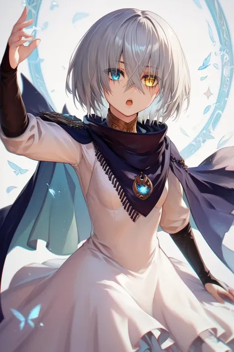 score_9, score_8_up, score_7_up, very aesthetic, source_anime, detailed, high quality, beautiful, masterpiece, detailed eyes,
simple background, blurry background, spell effects,
dynamic angle,
<lora:lightXL:0.8>
eye sparks, dynamic pose, casting spell, close up, upper body,
serious, open mouth
<lora:nazamil_autismConfetti_v01:1>small breasts,
heterochromia, blue eyes, yellow eyes, silver hair, short hair, hair over eyes, hair between eyes,
dark blue cloak, bridal gauntlets, white dress, white knee boots, black pants,, zPDXL
