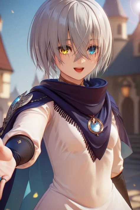 score_9, score_8_up, score_7_up, very aesthetic, source_anime, detailed, high quality, beautiful, masterpiece, detailed eyes,
village, sun light, blurry background,
<lora:lightXL:0.8>
upper body, close up, cowboy shot,
light smile, open mouth, hands reaching out,
<lora:nazamil_autismConfetti_v01:1>small breasts,
heterochromia, blue eyes, yellow eyes, silver hair, short hair, hair over eyes, hair between eyes,
dark blue cloak, bridal gauntlets, white dress, white knee boots, black pants,, zPDXL