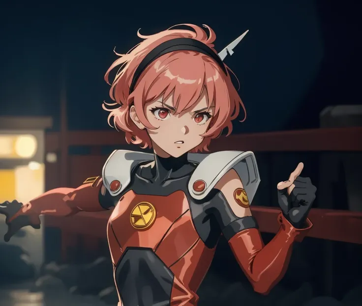 (masterpiece, best quality), absurdres, ultra-detailed, retro artstyle, 1990s \(style\), cowboy shot, 8k, hikaru1, layersuit, red eyes, looking at viewer, angry, fighting stance, highly detailed, volumetric lighting, scg, bloom, on base, (dark theme, dark room), monitor, red theme, <lora:scg_512:0.35>, hyperrealistic, sharp focus, bokeh, pov