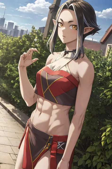absurdres, highres, ultra detailed, super fine illustration, best quality, 1boy, perfect anatomy, male focus, solo, (dark-skinned:0.8) male, silver hair, long hair, black bikini, bare shoulders, bare arms, bare legs, <lora:_L2090:-0.6> <lora:flat:-0.2>