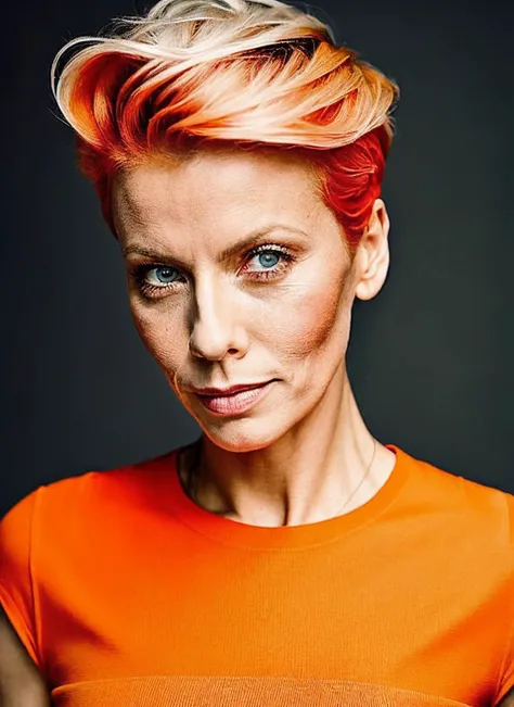analog style, modelshoot style, portrait of sks woman by Flora Borsi, style by Flora Borsi, bold, bright colours, orange Mohawk haircut, ((Flora Borsi)), <lora:locon_anita_v1_from_v4_64_32:1.3>