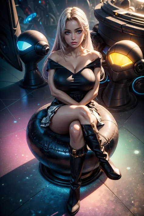 top quality, future world, State-of-the-art robot, Beautiful Woman, flying hair, Transformed into a cyborg except for the face, sexy images, whole body photo, ((Astrologer, star signs ring on table, Horoscope,candles, star signs book ))