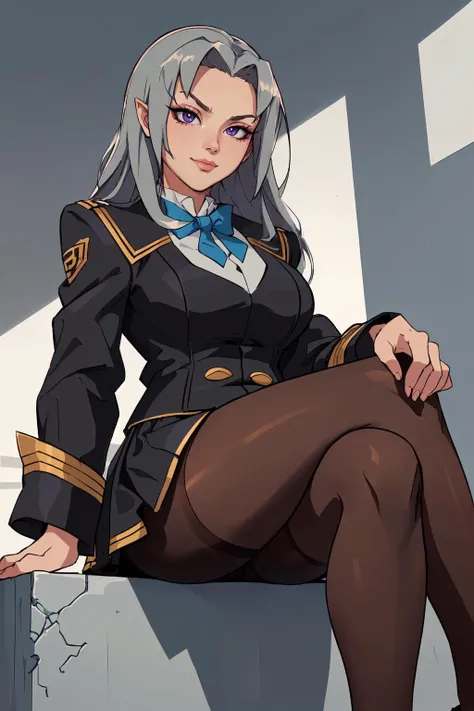 (masterpiece,best quality,absurdres,beautiful,sharp,detailed),sitting,legs crossed,from below,1girl,defElise,black jacket, uniform, black skirt, pantyhose,smug, <lora:azureelise-nvwls-v1:0.7>
