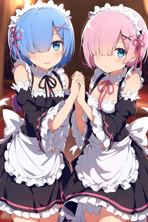 ram (re:zero),multiple girls,2girls,sisters,roswaal mansion maid uniform,twins,siblings,pink hair,rem (re:zero),short hair,blue hair,blue eyes,maid,ribbon,detached sleeves,red eyes,hair ornament,(hair over one eye:1.5),smile,looking at viewer,holding hands,apron,x hair ornament,hair ribbon,interlocked fingers,black ribbon,frills,maid headdress,white apron,blurry background,blurry,neck ribbon,ribbon trim,bangs,breasts,blush,purple ribbon,small breasts,long sleeves,parted lips,waist apron,shiny hair,pink ribbon,dress,wide sleeves,standing,frilled sleeves,shiny,ribbon-trimmed sleeves,<lora:è»pote_XL:0.8>,