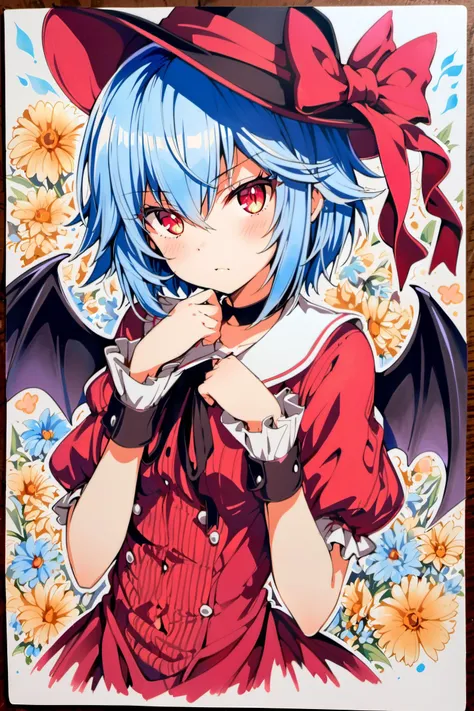 1girl,solo,remilia scarlet,wings,hat,flower,bat wings,red eyes,wrist cuffs,short hair,hat ribbon,upper body,ribbon,slit pupils,looking at viewer,traditional media,blue hair,<lora:è»pote_XL:0.8>,