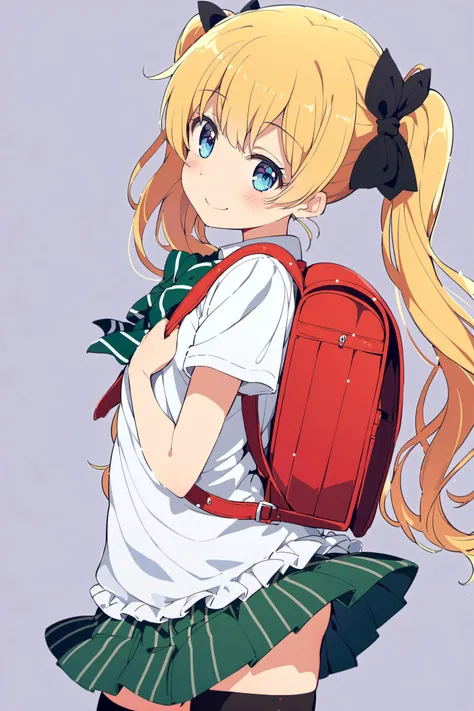 1girl,backpack,solo,bag,thighhighs,randoseru,twintails,skirt,blue eyes,blonde hair,black thighhighs,looking at viewer,smile,zettai ryouiki,white background,blush,hair bow,simple background,bow,ribbon,short sleeves,school uniform,from side,green skirt,cowboy shot,long hair,striped,vertical stripes,holding strap,striped skirt,<lora:è»pote_XL:0.8>,