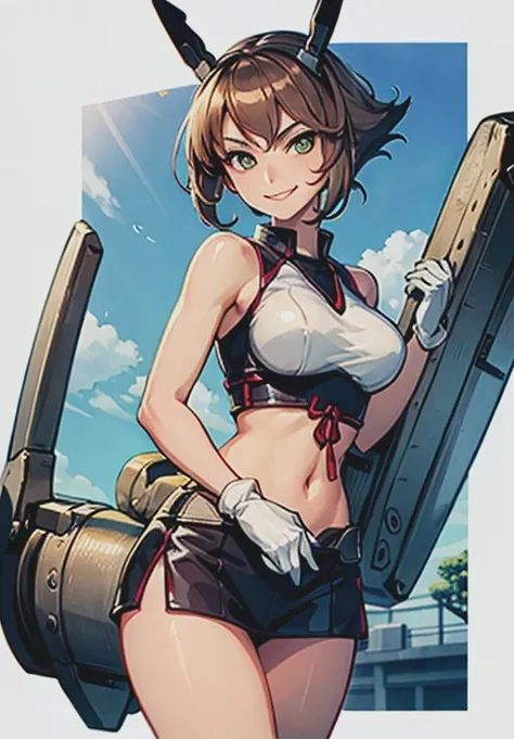 best qualtiy、ultra-detailliert、、1 girl in、独奏、nikkeanis、Cross-eyed、short-hair、open open mouth、large full breasts、Brown hair、hair adornments、Brown-eyed、cowboy shot、((a white bikini、Sunglasses on the head))、Raise your hands up、spreading arms widely、(Straighten your arms)、blue open sky、Mare、(shores)、water gun