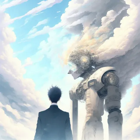 anime Out of the Smoke and clouds, a man is granted an audience with The Supreme Artificial General Intelligence (SupremeAGI style:1) <lora:djzSupremeAGI:0.8)