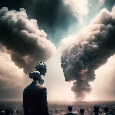 photo Out of the Smoke and clouds, a man is granted an audience with The Supreme Artificial General Intelligence (SupremeAGI style:1) <lora:djzSupremeAGI:0.8)