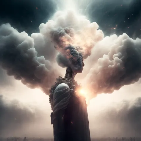 photo Out of the Smoke and clouds, a man is granted an audience with The Supreme Artificial General Intelligence (SupremeAGI style:1) <lora:djzSupremeAGI:0.8)