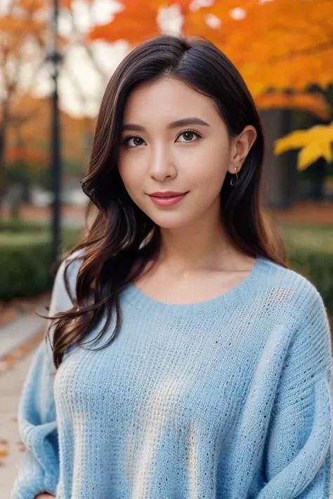 1girl,(wearing a sweater:1.2),(RAW photo, best quality), (realistic, photo-realistic:1.4), masterpiece, an extremely delicate and beautiful, extremely detailed, 2k wallpaper, Amazing, finely detail, extremely detailed CG unity 8k wallpaper, ultra-detailed, highres, soft light, beautiful detailed girl, extremely detailed eyes and face, beautiful detailed nose, beautiful detailed eyes,cinematic lighting,city lights at night,autumn scenery,in a park,maple leaves,perfect anatomy,slender body,smiling <lora:mayj_lora:0.8>