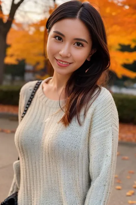 1girl,(wearing a sweater:1.2),(RAW photo, best quality), (realistic, photo-realistic:1.4), masterpiece, an extremely delicate and beautiful, extremely detailed, 2k wallpaper, Amazing, finely detail, extremely detailed CG unity 8k wallpaper, ultra-detailed, highres, soft light, beautiful detailed girl, extremely detailed eyes and face, beautiful detailed nose, beautiful detailed eyes,cinematic lighting,city lights at night,autumn scenery,in a park,maple leaves,perfect anatomy,slender body,smiling <lora:mayj_lora:0.8>