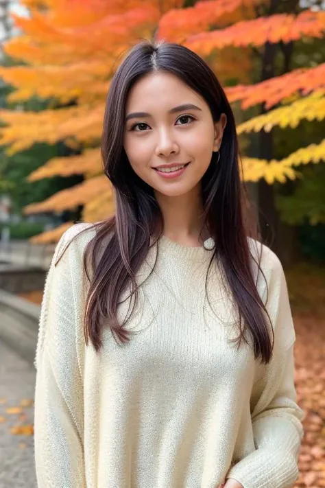 1girl,(wearing a sweater:1.2),(RAW photo, best quality), (realistic, photo-realistic:1.4), masterpiece, an extremely delicate and beautiful, extremely detailed, 2k wallpaper, Amazing, finely detail, extremely detailed CG unity 8k wallpaper, ultra-detailed, highres, soft light, beautiful detailed girl, extremely detailed eyes and face, beautiful detailed nose, beautiful detailed eyes,cinematic lighting,city lights at night,autumn scenery,in a park,maple leaves,perfect anatomy,slender body,smiling <lora:mayj_lora:0.8>