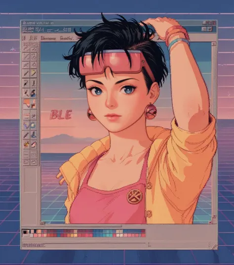 score_9, score_8_up, score_7_up, score_6_up, <lora:win98XLP:1> win98, fake screenshot, 1990s \(style\), retrowave, 1girl, JubileeXMXL, lipstick, brown eyes, black hair, short hair, eyewear on head, earrings, small breasts,
yellow jacket, pink crop top, symbol print, navel, <lora:JubileeXMXL:1>