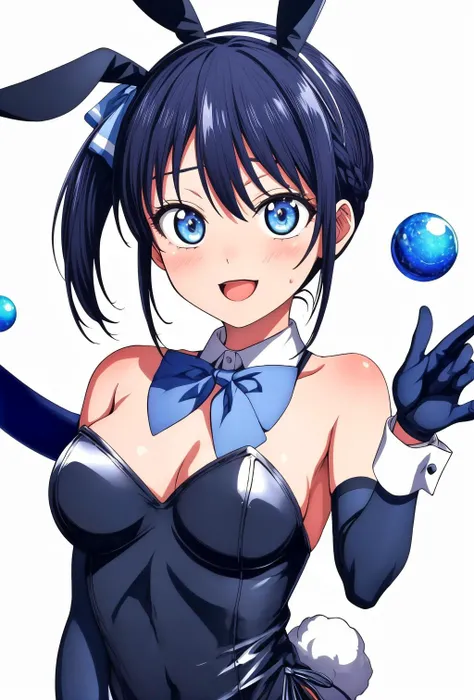 (masterpiece), best quality, (((ultra detailed, 8k quality))), expressive eyes, perfect face, perfect anatomy, perfect body, scene, <lora:scene_:0.7>, <lora:more_details:0.7>, <lora:beautiful_detailed_eyes:0.5>, <lora:GoodHands-beta2:0.7>, <lora:give_it_a_name:0.7>,
(dynamic pose)), <lora:minase_V1.3:0.7>,minase, solo, 1girl, smile, looking at viewer, blue bow, blue eye, , bow, side ponytail,, blue hair, upper body, bowtie, anime background,, bare shoulders, brown pantyhose, bowtie, rabbit ears, red bow, leotard, wrist cuffs, strapless, detached collar, fake animal ears, playboy bunny, red bowtie, leotard, strapless leotard, elbow gloves