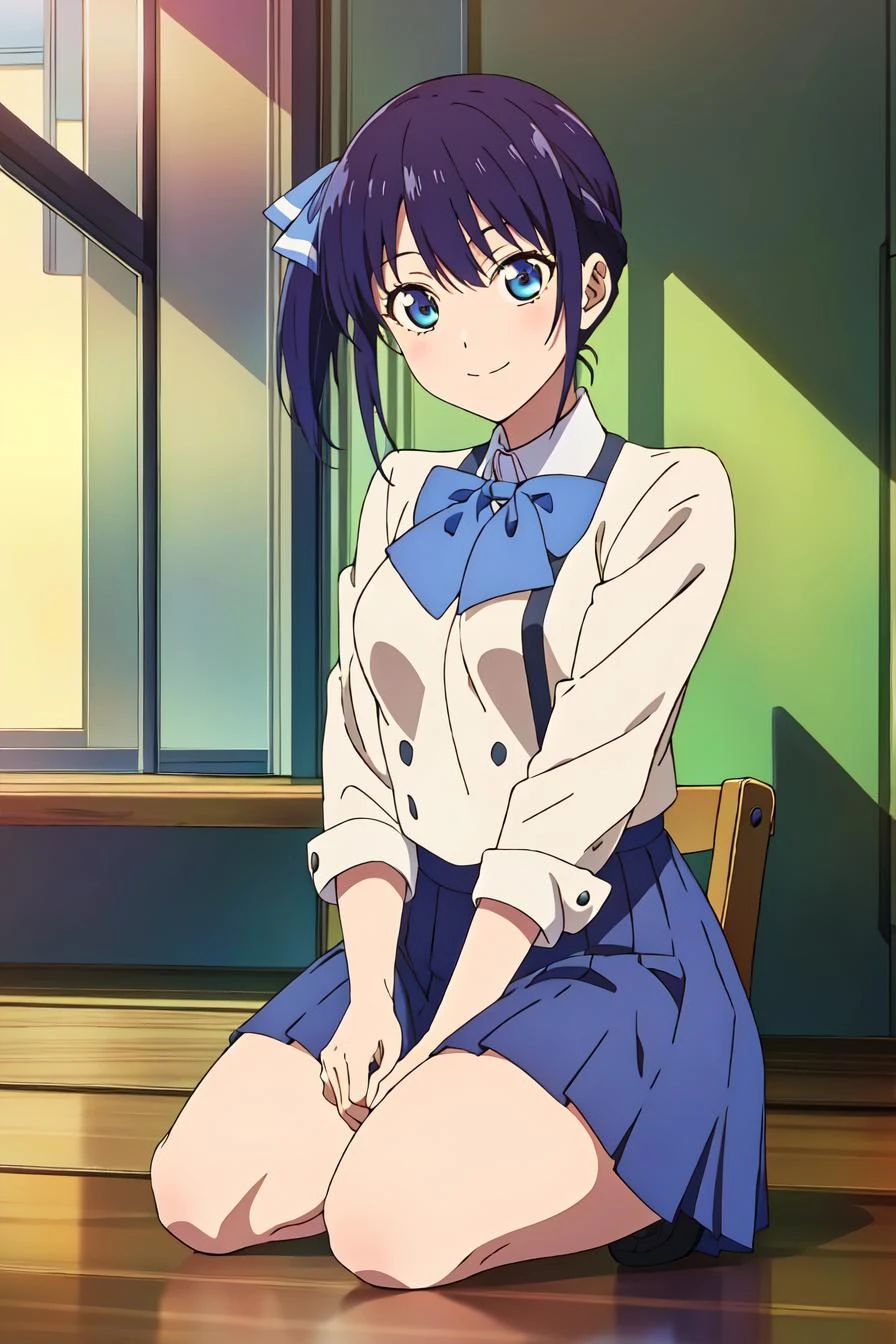 (extremely detailed CG unity 8k wallpaper),(masterpiece),(best quality),(ultra-detailed),(best illustration),(best shadow),(absurdres), <lora:minase-12:0.7>,minase, solo, 1girl, smile, looking at viewer, blue bow, blue eyes, bow, side ponytail, school uniform, blue hair, upper body, bowtie, anime background, shirt, bangs, closed mouth, anime coloring