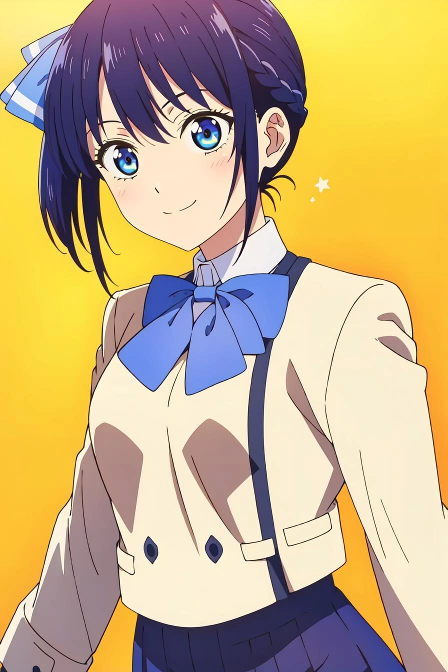 (extremely detailed CG unity 8k wallpaper),(masterpiece),(best quality),(ultra-detailed),(best illustration),(best shadow),(absurdres), <lora:minase-12:0.7>,minase, solo, 1girl, smile, looking at viewer, blue bow, blue eyes, bow, side ponytail, school uniform, blue hair, upper body, bowtie, starry background, shirt, bangs, closed mouth, anime coloring