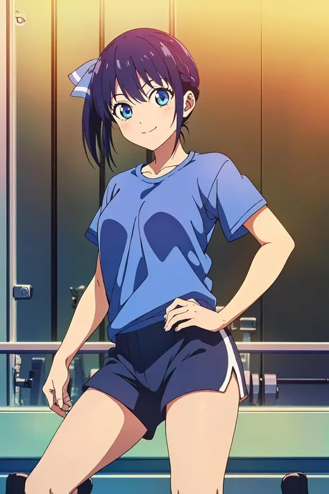 (extremely detailed CG unity 8k wallpaper),(masterpiece),(best quality),(ultra-detailed),(best illustration),(best shadow),(absurdres), <lora:minase-12:0.7>,minase, solo, 1girl, smile, looking at viewer, blue eyes, side ponytail, gym shorts, t shirt, blue hair, upper body, anime background, bangs, closed mouth, anime coloring
