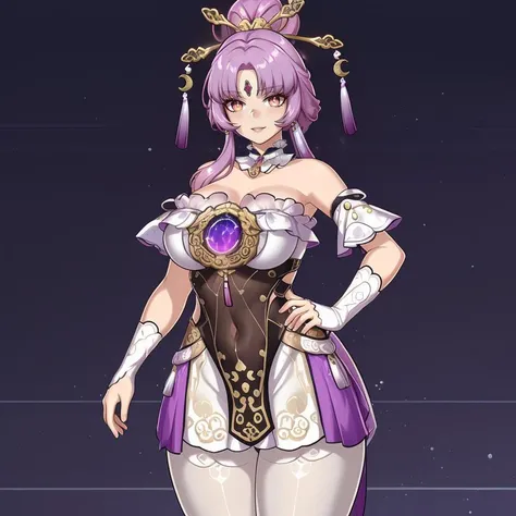 (masterpiece, best quality:1.2), RedJet00, Soft Lineart, Soft Shading, Film Grain, 1girl, solo, fuxuan, white pantyhose, soft light, light particles, looking at viewer, purple hair, cowboy shot, seductive smile, large breasts, mature female, full body, glowing eyes, wide hips, collarbone, thick thighs <lora:RedJet00 Style Lora:.8> <lora:fuxuanV3c:.8>