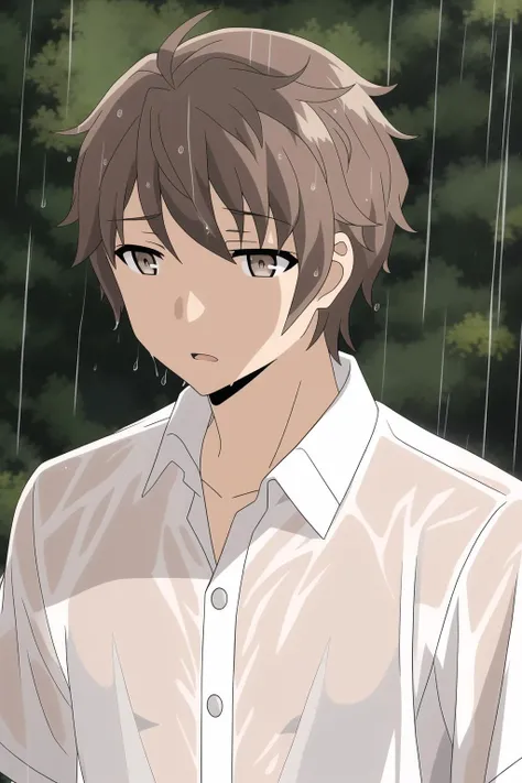 azusagawa sakuta, 1boy, male focus, solo, brown hair, brown eyes, white shirt, wet, wet clothes, rain,