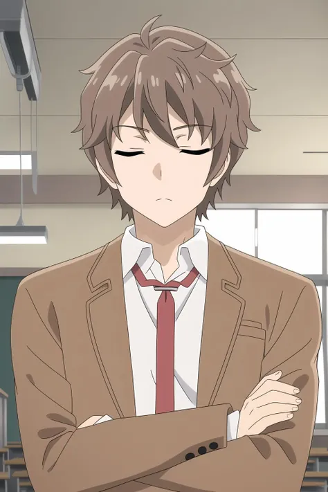 azusagawa sakuta, 1boy, male focus, solo,brown hair, closed eyes, red necktie, closed mouth, school uniform, crossed arms, brown jacket, white shirt, open clothes, upper body, indoors,