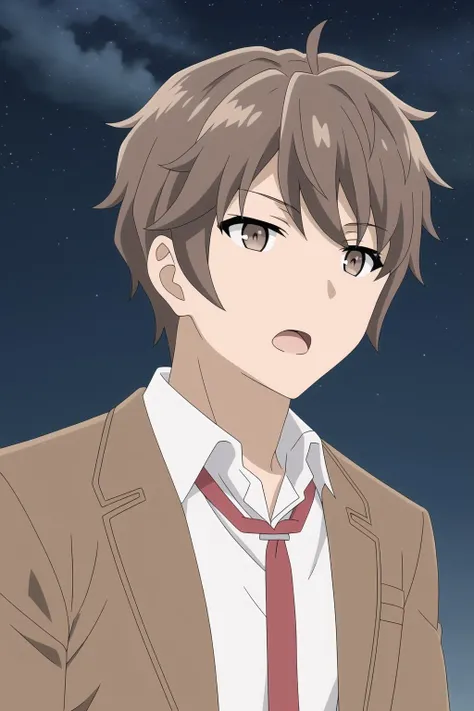 azusagawa sakuta, 1boy, male focus, solo, brown hair, brown eyes, night, open mouth, red necktie, night sky, school uniform, brown jacket, white shirt, star (sky), outdoors, starry sky, cloudy sky, upper body,