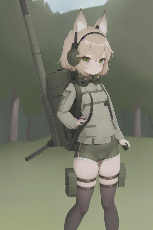 1girl, humanization, tank girl, (weapon), (long gun), little girl, city background, metal waltz, white panties, camel toe, cleft of venus, armor, armored girl, green clothes, glasses, soviet girl, pink hair, soviet uniform