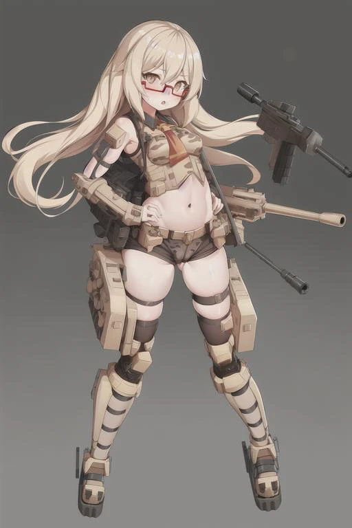 1girl, humanization, tank girl, (weapon), (long gun), girl, city background, metal waltz, white panties, camel toe, cleft of venus, armor, armored girl, green clothes, glasses, soviet girl, pink hair, soviet uniform