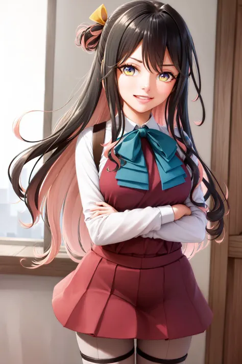 (masterpiece, best quality:1.2), <lyco:kancolle_naganami-17:1.0>, cowboy shot, solo, 1girl, naganami, smile, looking at viewer, crossed arms, hair ribbon, school uniform, halterneck, shirt, bow, long sleeves, skirt, grey pantyhose