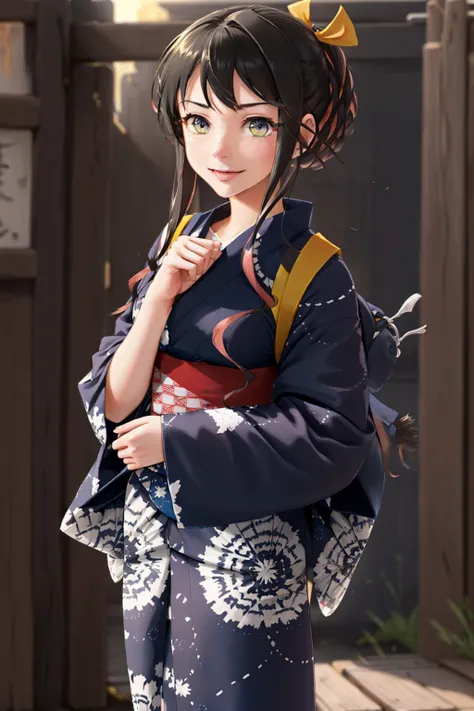 (masterpiece, best quality:1.2), <lyco:kancolle_naganami-17:1.0>, cowboy shot, solo, 1girl, naganamiyukata, smile, looking at viewer, own hands together, hair ribbon, japanese clothes, yukata, sash, obi