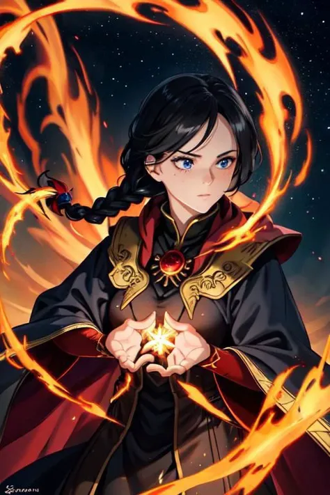 4k, high quality, high-res, the fiery beautiful sorceress, adorned in robes of shimmering crimson, unleashes torrents of scorching spells upon the colossal dragon, weaving flames that engulf the massive creature, leaving trails of searing heat in their wake, she confronts the mighty dragon with fierce determination and mastery of her pyrokinetic arts, 1girl, freckles, dark blue eyes, starry eyes, black hair, (single braid: 1.2), slender figure,
perfect detailed face, perfect detailed , ultra detailed body, ultra detailed hands