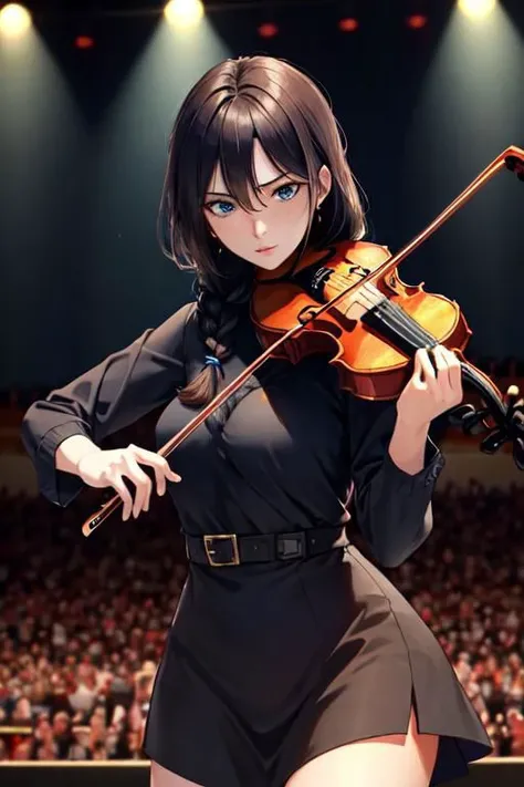 masterpiece, best quality, detailed,Super high quality0,perfect anatomy,beautiful light and shadow, ,Beautiful white skin freckles, dark blue eyes, black hair, (single braid: 1.2), Medium breast, slim,adult,woman in her late 30s ,1woman,
,
on stage,The spotlight is on,playing the violin,violin solo concert,
simple and elegant dress,sweating,serious face,Please play the violin as hard as you can,