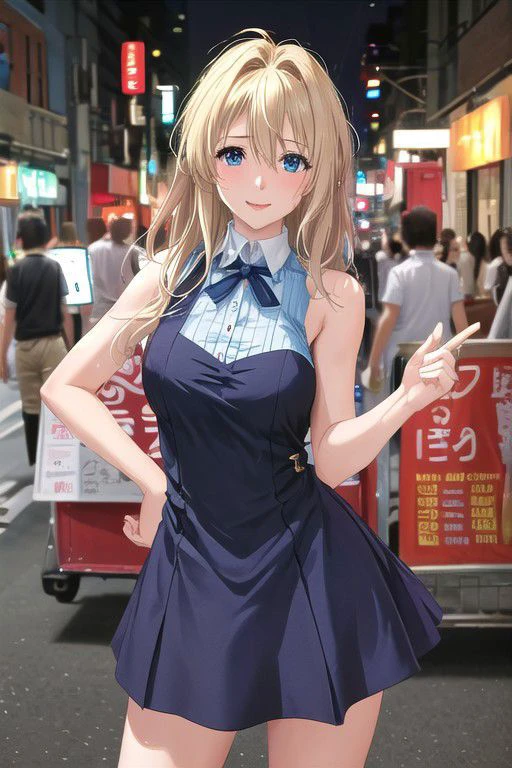 (high quality:1.4), (high resolution:1.3), (incredibly detailed:1.28), cinematic lighting, masterpiece, perfect anatomy,1woman,adult woman, slim, blonde hair , ,messy hair, disheveled hair, blue eyes, Beautiful blue eyes,droopy eyes, high pointed nose,nostrils , violet evergarden ,blush,correct finger,beautiful fingers,
,outdoor,,smile,upper body close-up,various expressions,she is drunk,Very fun,
mini dress,casual mini dress,mini skirt,sleeveless shirt,Adult-like dress,
syonbenyokocho, street, japan,