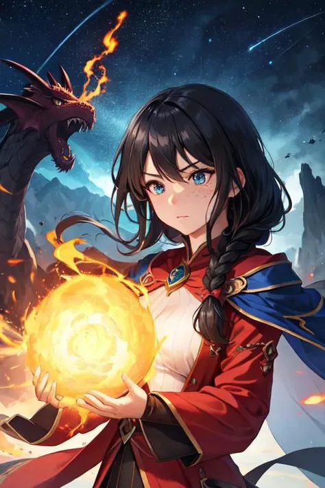 4k, high quality, high-res, the fiery beautiful sorceress, adorned in robes of shimmering crimson, unleashes torrents of scorching spells upon the colossal dragon, weaving flames that engulf the massive creature, leaving trails of searing heat in their wake, she confronts the mighty dragon with fierce determination and mastery of her pyrokinetic arts, 1girl, freckles, dark blue eyes, starry eyes, black hair, (single braid: 1.2), slender figure,
perfect detailed face, perfect detailed , ultra detailed body, ultra detailed hands
