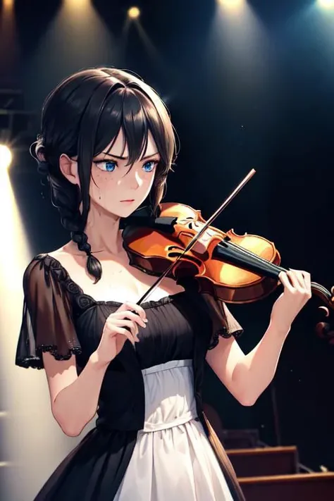 masterpiece, best quality, detailed,Super high quality0,perfect anatomy,beautiful light and shadow, ,Beautiful white skin freckles, dark blue eyes, black hair, (single braid: 1.2), Medium breast, slim,adult,woman in her late 30s ,1woman,
,
on stage,The spotlight is on,playing the violin,violin solo concert,
simple and elegant dress,sweating,serious face,Please play the violin as hard as you can,