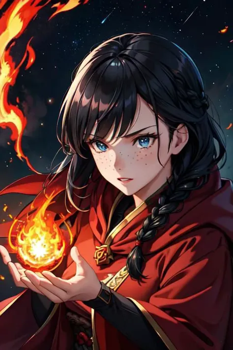 4k, high quality, high-res, the fiery beautiful sorceress, adorned in robes of shimmering crimson, unleashes torrents of scorching spells upon the colossal dragon, weaving flames that engulf the massive creature, leaving trails of searing heat in their wake, she confronts the mighty dragon with fierce determination and mastery of her pyrokinetic arts, 1girl, freckles, dark blue eyes, starry eyes, black hair, (single braid: 1.2), slender figure,
perfect detailed face, perfect detailed , ultra detailed body, ultra detailed hands