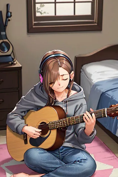shoulder-length deep-brown hair, woman, hazel eyes, navy-blue hoodie, grey jeans, small smile, bow in hair, hair over one eye, playing an acoustic guitar on the floor, pink headphones over ears, eyes closed, singing softly, sitting on the floor of a bedroom,