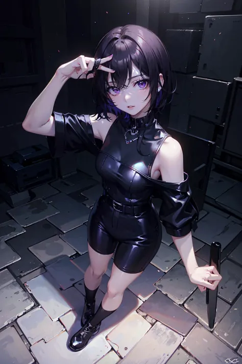 highres, masterpiece, perfect lighting, bloom, cinematic lighting, adult, female, looking at viewer, full body shot, (RSEEmma:1.5)<lora:RSERomantic_RSESofiko_RSEEmma-v1:0.3>, goth girl, goth makeup, pale skin, bangs, short hair, jet black hair, purple eyes, scowl, <lora:Zinnia:0.8> <lora:weight_slider_v2:-0.5>