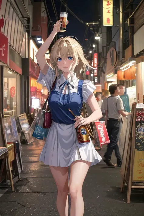 (high quality:1.4), (high resolution:1.3), (incredibly detailed:1.28), cinematic lighting, masterpiece, perfect anatomy,1woman,adult woman, slim, blonde hair , ,messy hair, disheveled hair, blue eyes, Beautiful blue eyes,droopy eyes, high pointed nose,nostrils , violet evergarden ,blush,correct finger,beautiful fingers,
,outdoor,,smile,upper body close-up,various expressions,she is drunk,Very fun,from below,
mini dress,casual mini dress,mini skirt,sleeveless shirt,Adult-like dress,With a can of beer in hand,
syonbenyokocho, street, japan,