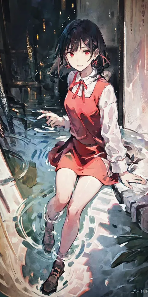 masterpiece:1.3, concept art, illustration, mature females, 29 years old, perfect face, sad teeth smile, sad face, detailed eyes, detailed face, dramatic eyes, beautiful skin, ((red eyes)), expressive eyes, brunette, ribbon in hair, earrings, maid dress, silk dress, dramatic face, rim lighting, dutch angle, pixiv, water background
