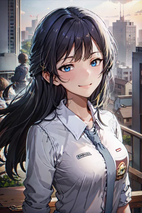 (masterpiece, best quality, ultra detailed), (perfect face, detailed face), (detailed background, complex background:1.2), full-face blush, (smile:1.2), wind, windy, looking at viewers,
<lora:Mogami:1> MogamiDef, black hair, long hair, blush, bangs, blue eyes, sidelocks, blunt bangs, IHSU, <lora:IHSU-10:0.8>, (upperbody:1.5), tilt head, solo, standing,
(outdoors, building, city, modern city, upper building)