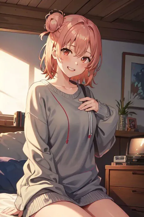 masterpiece, best quality, cowboy shot, looking at viewer, grin, yui yuigahama, short hair, single hair bun, sweater, sitting, indoors, messy bedroom, television, <lora:yui_yuigahama_v2:1>