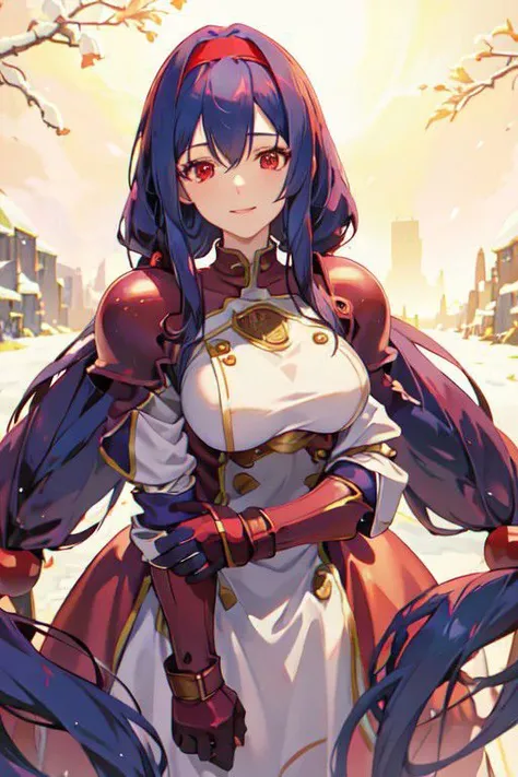 red hairband, armored dress, red eyes, blue hair, bangs, (sidelocks:1.2),very long hair, twintails (masterpiece:1.2), (best quality:1.2), winter, snow, bokeh, sunny, sun, beautiful, elegant, lady, best illumination, best shadows, light smile, tall, woman, cowboy shot, best lighting