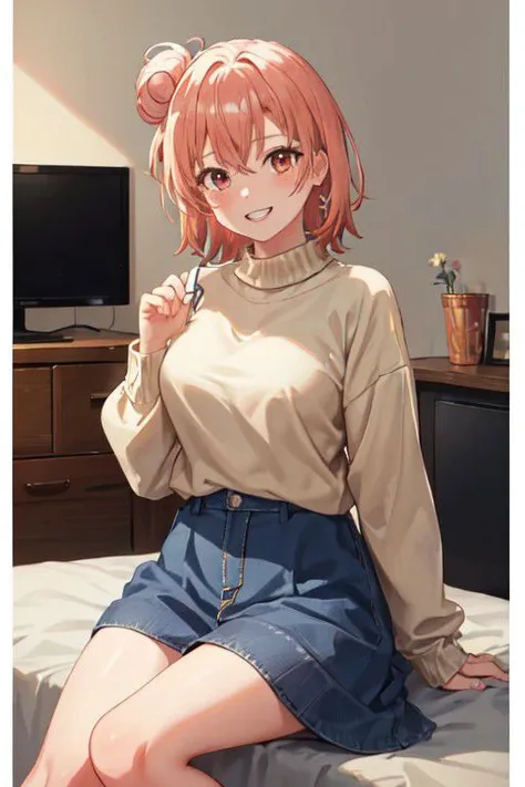 masterpiece, best quality, cowboy shot, looking at viewer, grin, yui yuigahama, short hair, single hair bun, sweater, sitting, indoors, messy bedroom, television, <lora:yui_yuigahama_v2:1>