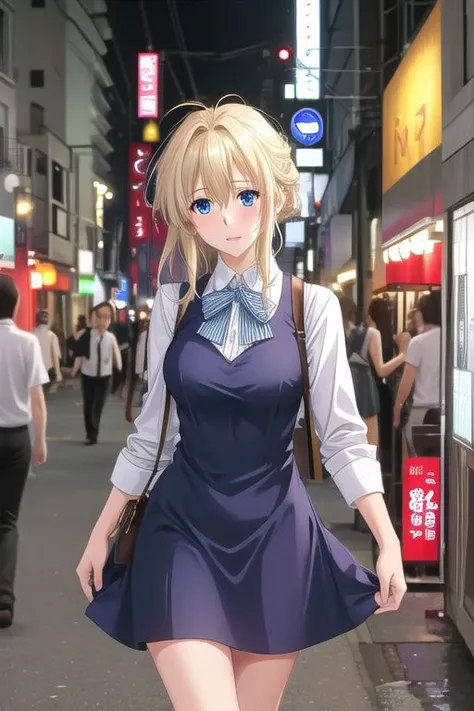 (high quality:1.4), (high resolution:1.3), (incredibly detailed:1.28), cinematic lighting, masterpiece, perfect anatomy,1woman,adult woman, slim, blonde hair , ,messy hair, disheveled hair, blue eyes, Beautiful blue eyes,droopy eyes, high pointed nose,nostrils , violet evergarden ,blush,correct finger,beautiful fingers,
,outdoor,,smile,upper body close-up,various expressions,she is drunk,Very fun,
mini dress,casual mini dress,mini skirt,sleeveless shirt,Adult-like dress,
syonbenyokocho, street, japan,