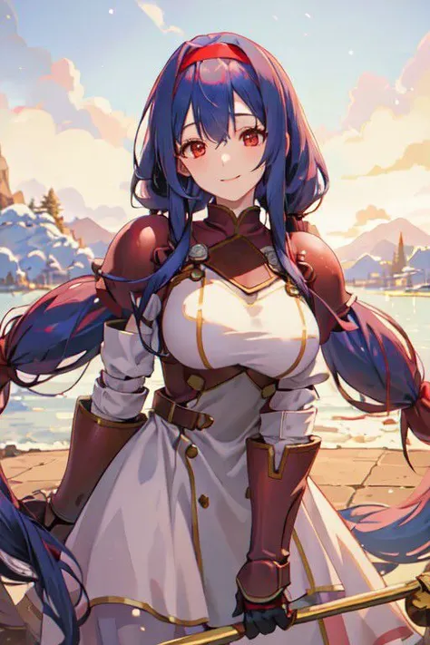 red hairband, armored dress, red eyes, blue hair, bangs, (sidelocks:1.2),very long hair, twintails (masterpiece:1.2), (best quality:1.2), winter, snow, bokeh, sunny, sun, beautiful, elegant, lady,   best illumination, best shadows, light smile, tall, woman, cowboy shot, best lighting