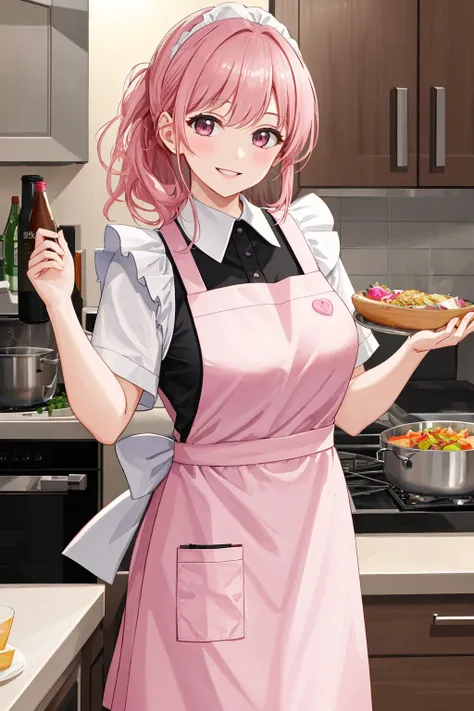 4K, Masterpiece, highres, absurdres, smiling,
edgApron, a woman in a pink apron posing for a picture ,wearing edgApron <lora:NoireApron_Lokr:0.7>